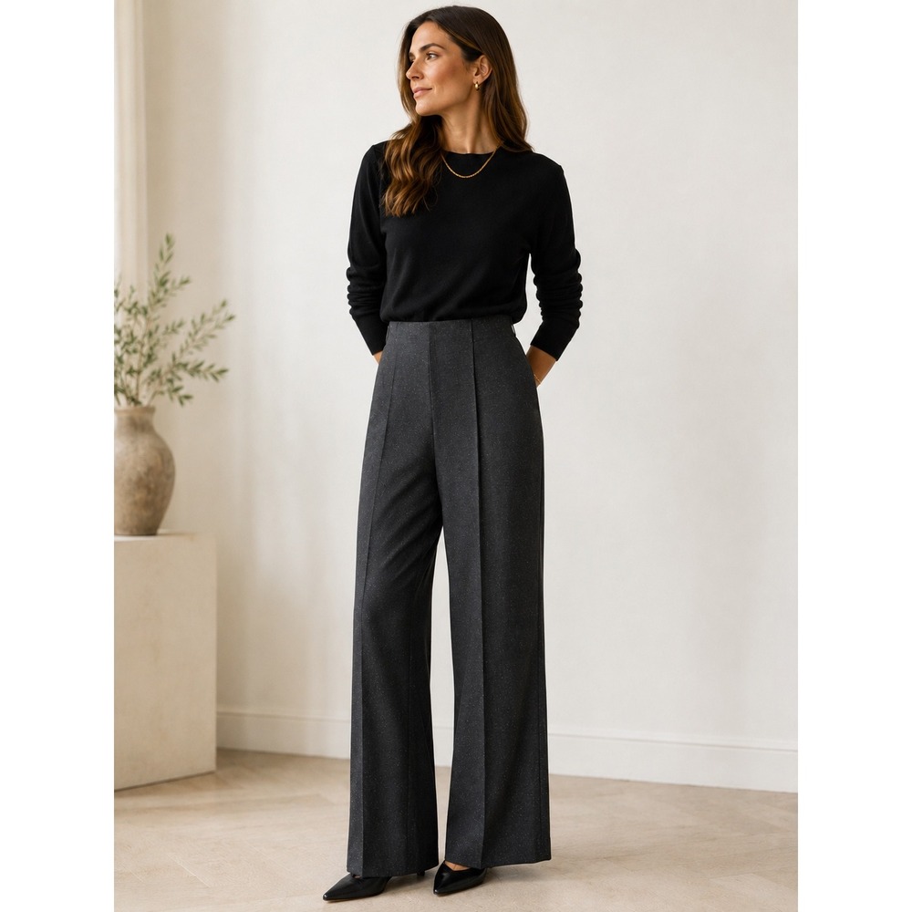 Theory Wide Leg Pants Womens Size 6 Grey Melange Ponte Wool Silk Trousers office